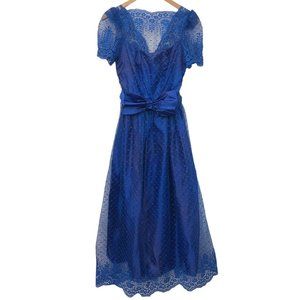 Vintage 70s Blue Lace Overlay Formal Fit and Flare Full Length Dress